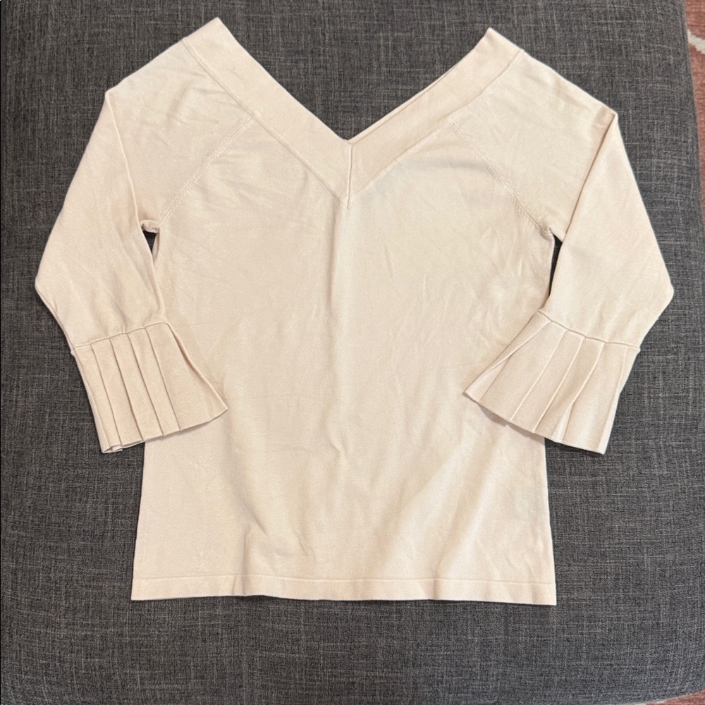 525 America Cream V Neck Knit Top Pleated Bell Sleeve Minimal Chic
